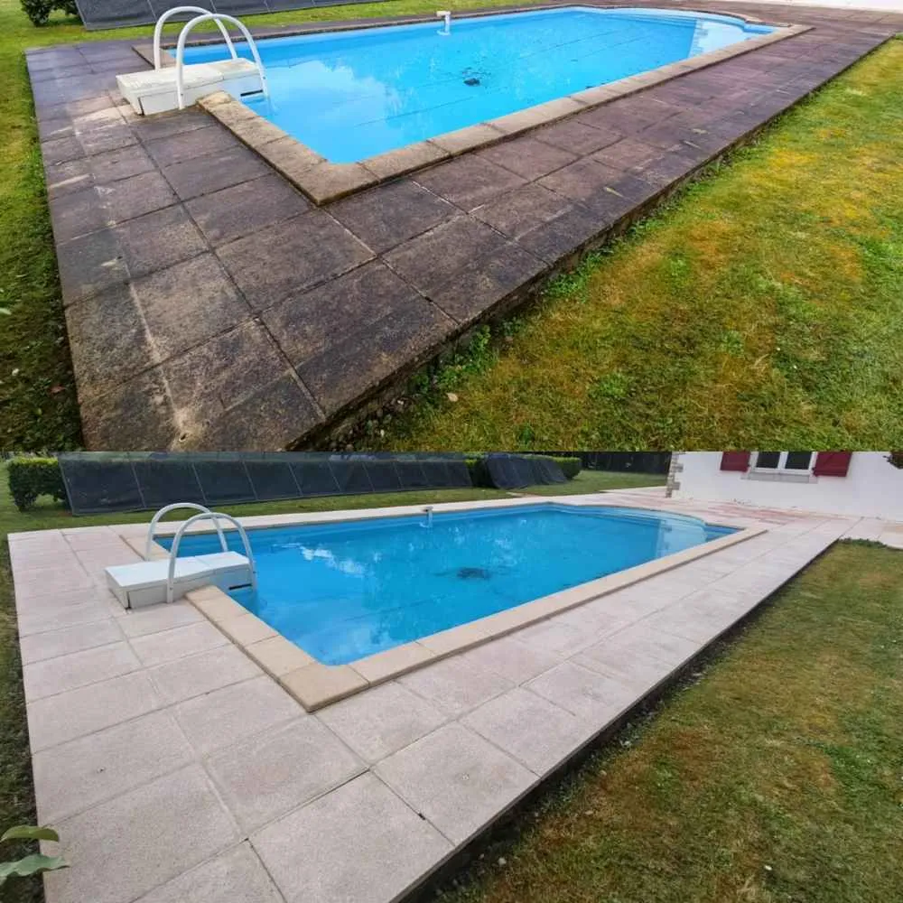 Margelles de piscine avant et après nettoyage à la vapeur