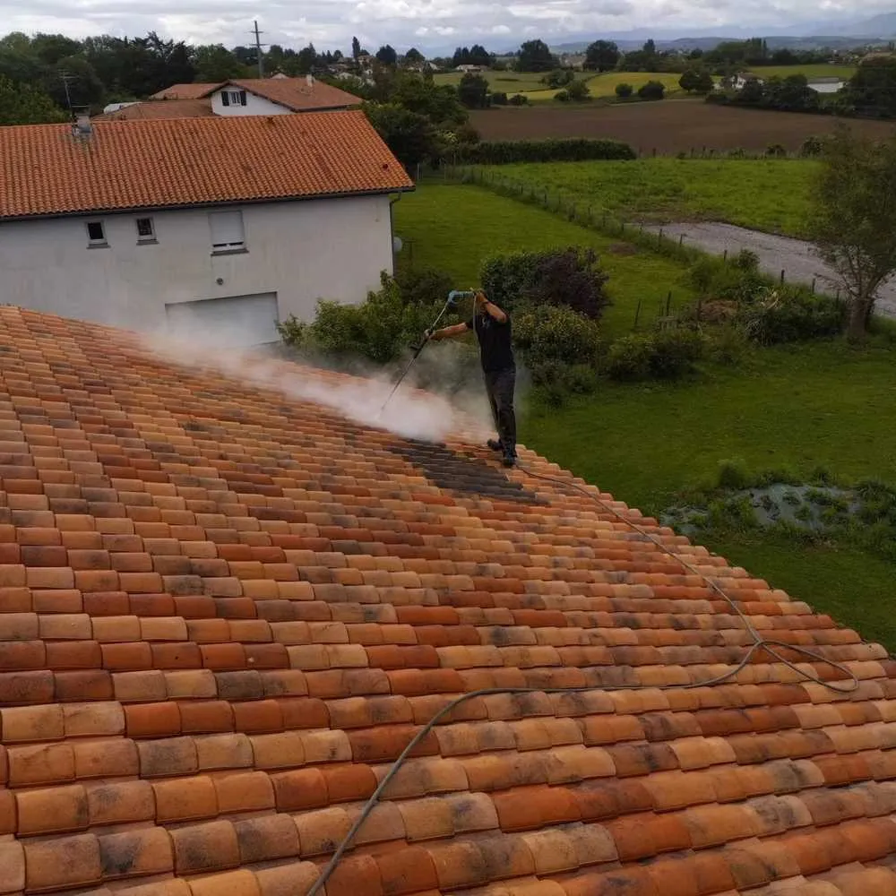 Nettoyeur vapeur basse pression en action sur une toiture en tuiles